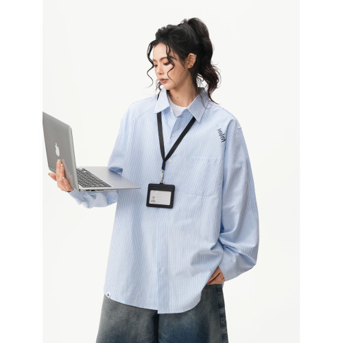 BWKA美式復古藍色條紋襯衫女男春季寬鬆休閒簡約慵懶風襯衣外套潮