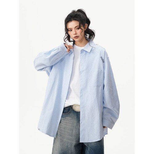 BWKA美式復古藍色條紋襯衫女男春季寬鬆休閒簡約慵懶風襯衣外套潮