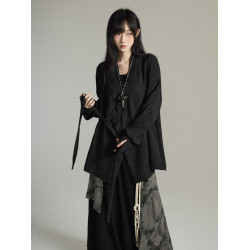 FG721 復古山本耀司風上衣女新中式道袍綁帶長袖襯衫外套中性穿搭