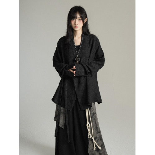FG721 復古山本耀司風上衣女新中式道袍綁帶長袖襯衫外套中性穿搭