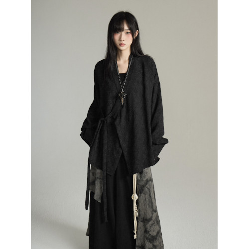 FG721 復古山本耀司風上衣女新中式道袍綁帶長袖襯衫外套中性穿搭
