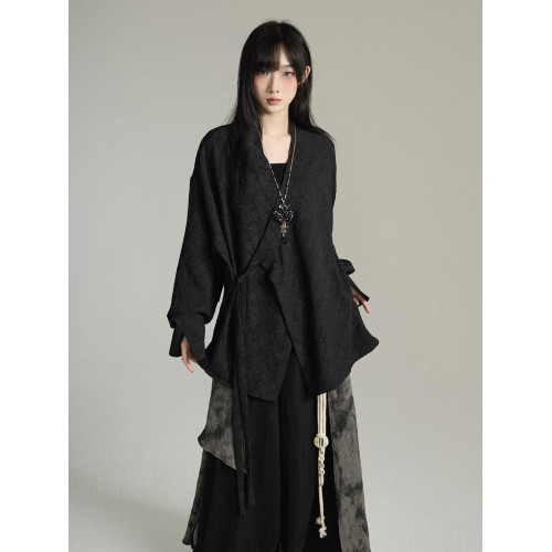 FG721 復古山本耀司風上衣女新中式道袍綁帶長袖襯衫外套中性穿搭
