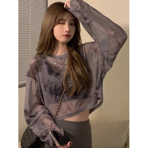 紥染網紗長袖T恤女夏設計感小衆防曬罩衫小個子寬鬆薄款外搭上衣