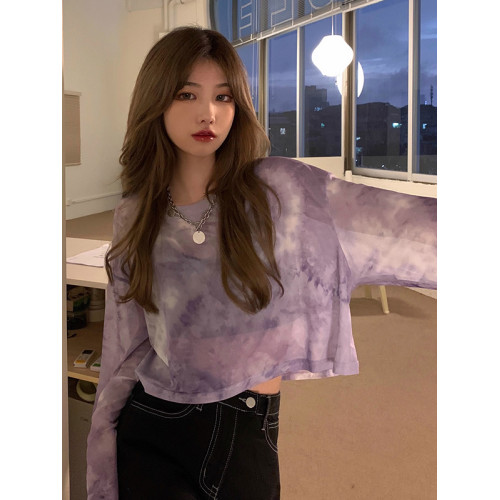 紥染網紗長袖T恤女夏設計感小衆防曬罩衫小個子寬鬆薄款外搭上衣