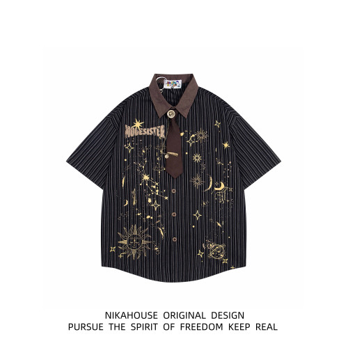 NIKAHOUS太陽花領帶設計條紋襯衫復古潮牌oversize寬鬆中古襯衣