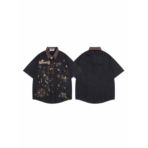 NIKAHOUS太陽花領帶設計條紋襯衫復古潮牌oversize寬鬆中古襯衣