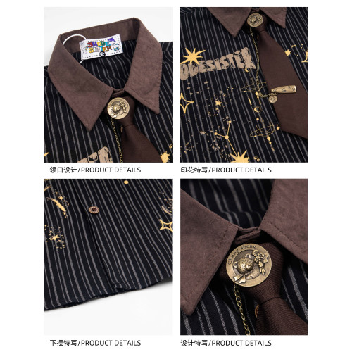 NIKAHOUS太陽花領帶設計條紋襯衫復古潮牌oversize寬鬆中古襯衣