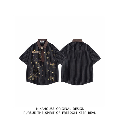 NIKAHOUS太陽花領帶設計條紋襯衫復古潮牌oversize寬鬆中古襯衣