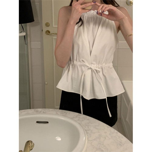 韓版洋氣氣質甜美百搭抽繩掛脖系帶露肩短款吊帶背心襯衫上衣女夏