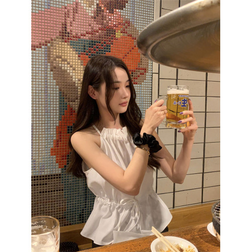 韓版洋氣氣質甜美百搭抽繩掛脖系帶露肩短款吊帶背心襯衫上衣女夏