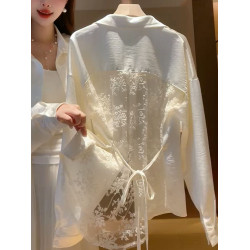 氣質寬鬆中長款蕾絲系帶收腰襯衫2025年秋新款復古絕美西裝上衣女