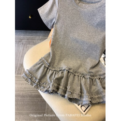 自畱爆款推薦~灰色下擺木耳邊短袖t恤女夏2026韓版遮肚子裙擺上衣