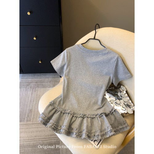 自畱爆款推薦~灰色下擺木耳邊短袖t恤女夏2026韓版遮肚子裙擺上衣