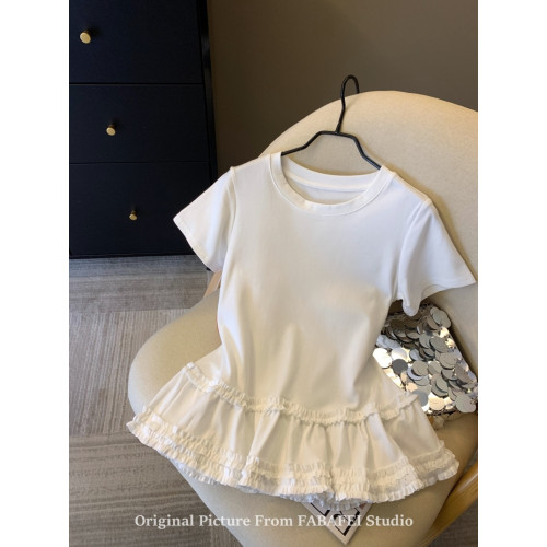 自畱爆款推薦~灰色下擺木耳邊短袖t恤女夏2026韓版遮肚子裙擺上衣