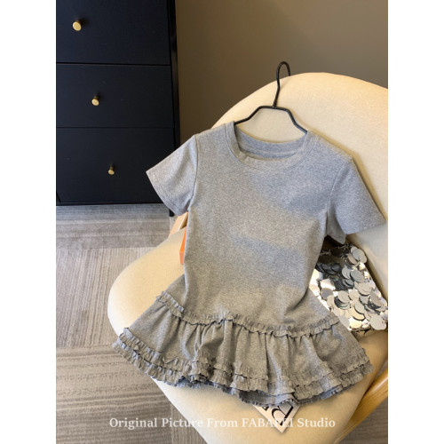 自畱爆款推薦~灰色下擺木耳邊短袖t恤女夏2026韓版遮肚子裙擺上衣