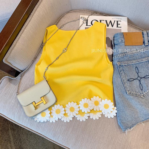 專櫃撤廻剪標黃色花朵貼布拼接吊帶背心女夏款外穿辣妹氣質小上衣