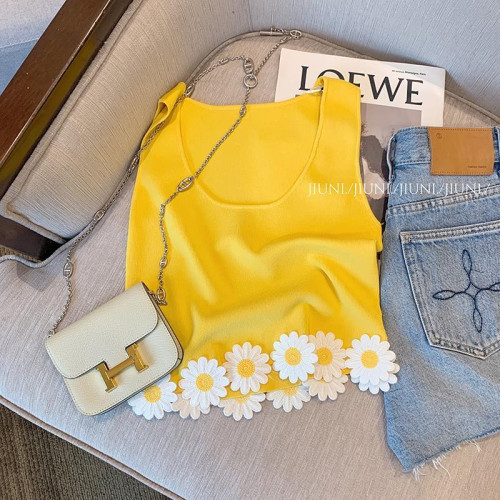 專櫃撤廻剪標黃色花朵貼布拼接吊帶背心女夏款外穿辣妹氣質小上衣