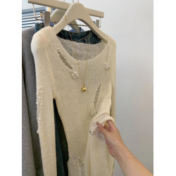 今年流行爆款不規則一字肩釘珠針織衫女夏款外穿鏤空破洞氣質上衣