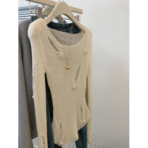 今年流行爆款不規則一字肩釘珠針織衫女夏款外穿鏤空破洞氣質上衣