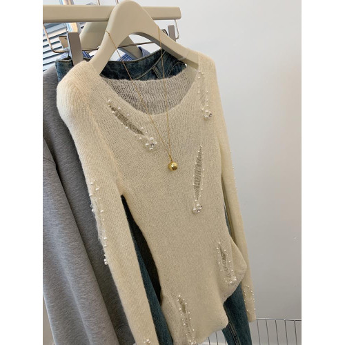 今年流行爆款不規則一字肩釘珠針織衫女夏款外穿鏤空破洞氣質上衣