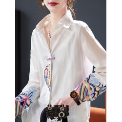 氣質刺綉長袖襯衫2025秋季新款寬鬆百搭長袖條紋白襯衣女