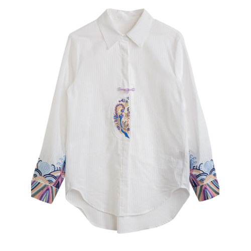 氣質刺綉長袖襯衫2025秋季新款寬鬆百搭長袖條紋白襯衣女