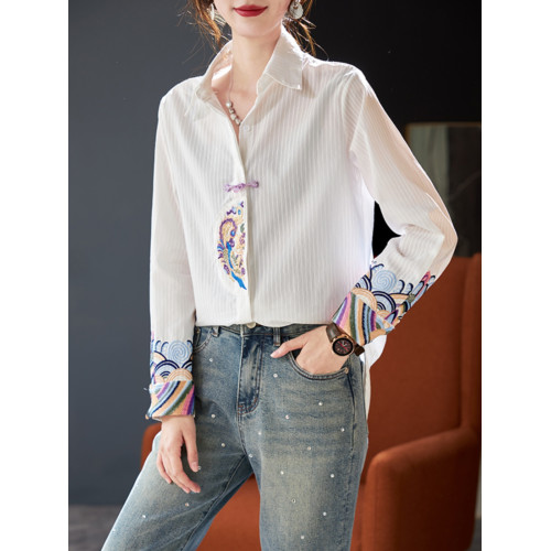 氣質刺綉長袖襯衫2025秋季新款寬鬆百搭長袖條紋白襯衣女