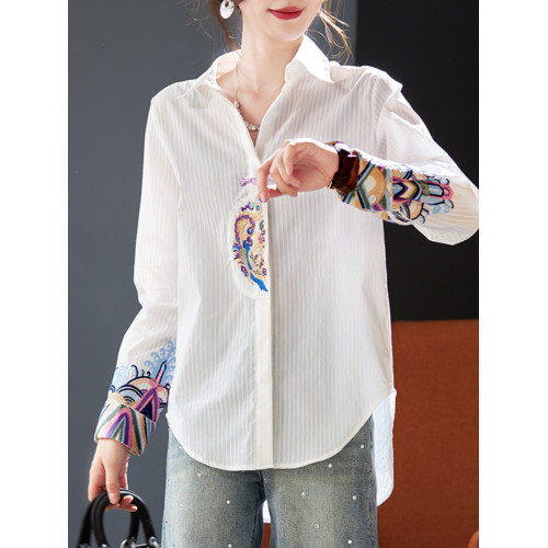 氣質刺綉長袖襯衫2025秋季新款寬鬆百搭長袖條紋白襯衣女