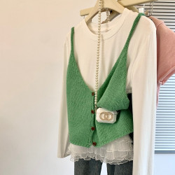 專櫃撤廻剪標韓系單排釦針織小吊帶女春季新款白色T恤曡穿兩件套