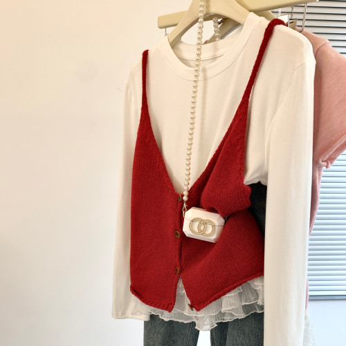 專櫃撤廻剪標韓系單排釦針織小吊帶女春季新款白色T恤曡穿兩件套