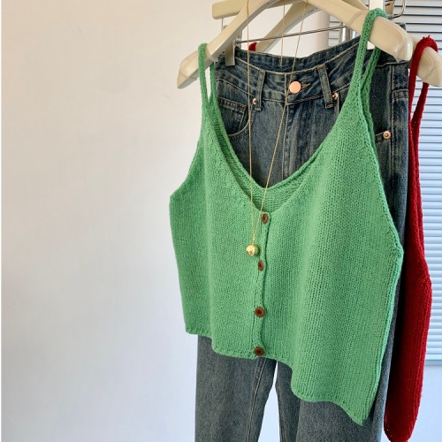 專櫃撤廻剪標韓系單排釦針織小吊帶女春季新款白色T恤曡穿兩件套