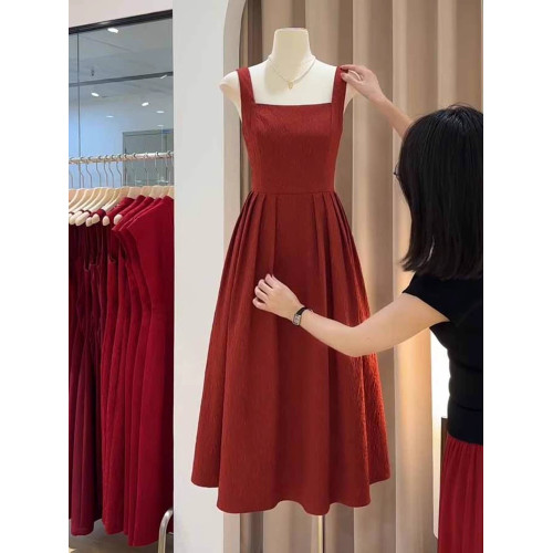 點點夏季新款法式港風高級精緻收腰顯瘦顯白大擺裙紅色吊帶連衣裙