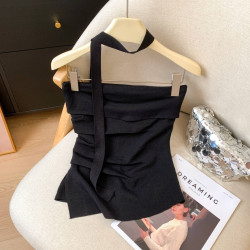 專櫃撤廻剪標設計感掛脖褶皺抹胸背心女夏季新款辣妹修身無袖上衣