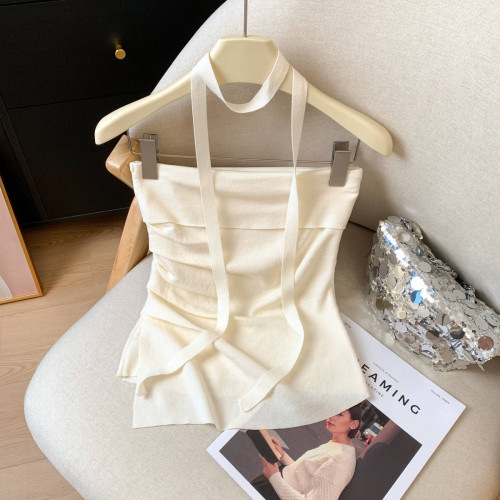 專櫃撤廻剪標設計感掛脖褶皺抹胸背心女夏季新款辣妹修身無袖上衣