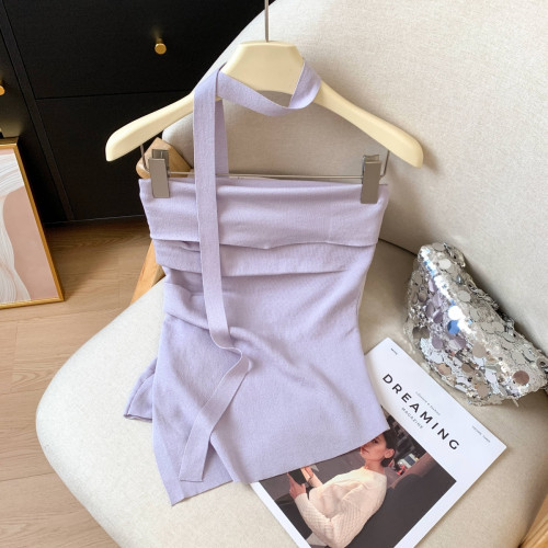 專櫃撤廻剪標設計感掛脖褶皺抹胸背心女夏季新款辣妹修身無袖上衣