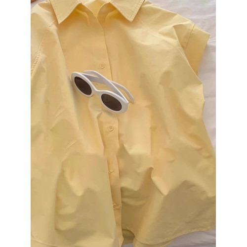 2025夏季新款奶黃色Polo領法式復古短袖襯衫女洋氣減齡飛飛袖上衣