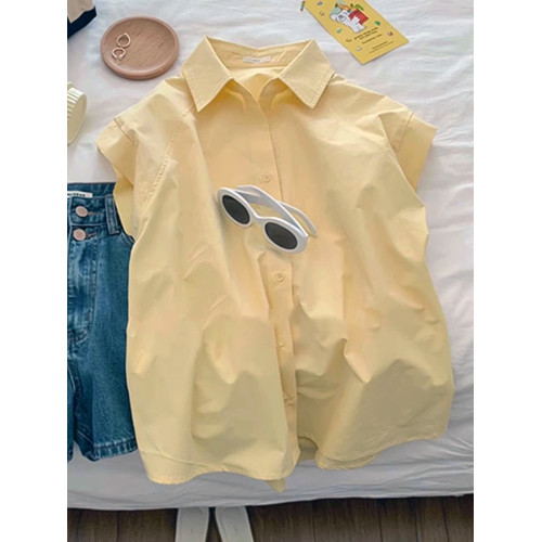 2025夏季新款奶黃色Polo領法式復古短袖襯衫女洋氣減齡飛飛袖上衣