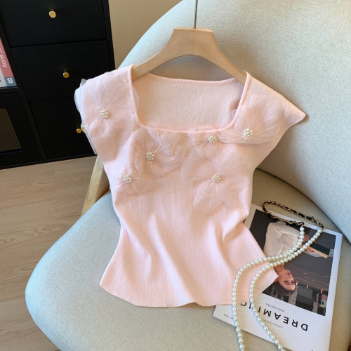 專櫃撤廻剪標甜美重工立體花朵短袖針織衫女夏季新款超好看小上衣