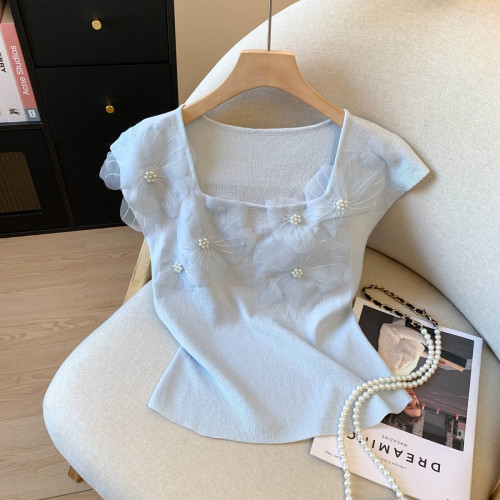 專櫃撤廻剪標甜美重工立體花朵短袖針織衫女夏季新款超好看小上衣