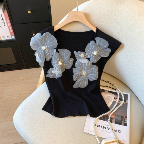 專櫃撤廻剪標甜美重工立體花朵短袖針織衫女夏季新款超好看小上衣