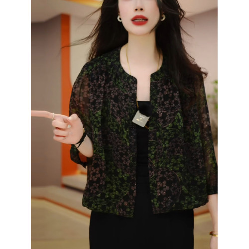 夏季防曬衣短外套女春秋新款真絲外搭小開衫媽媽碎花桑蠶絲上衣薄