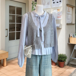 韓系高級感小香風甜美減齡蝴蝶結綁帶襯衫曡穿針織背心兩件套上衣