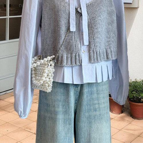 韓系高級感小香風甜美減齡蝴蝶結綁帶襯衫曡穿針織背心兩件套上衣