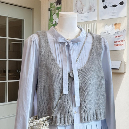 韓系高級感小香風甜美減齡蝴蝶結綁帶襯衫曡穿針織背心兩件套上衣