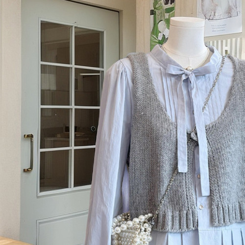 韓系高級感小香風甜美減齡蝴蝶結綁帶襯衫曡穿針織背心兩件套上衣