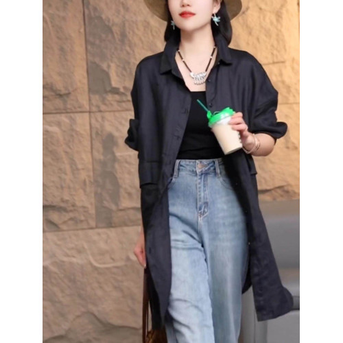 氣質高級感黑色襯衫外套女士春秋季大碼寬鬆慵懶風顯瘦中長款上衣