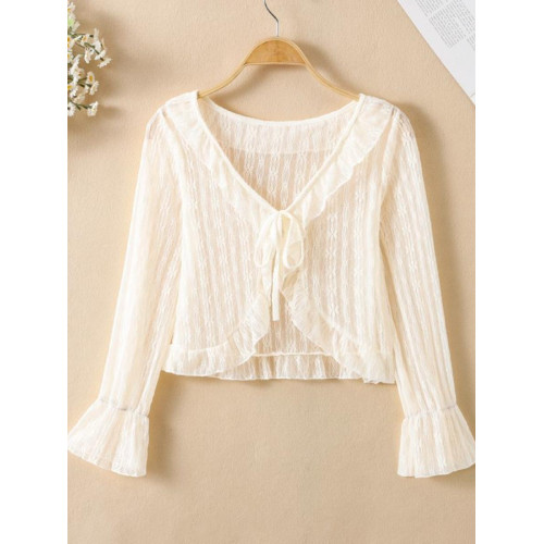 蕾絲開衫披肩女夏外搭配吊帶裙薄紗鏤空長袖綁帶防曬沙灘外搭上衣