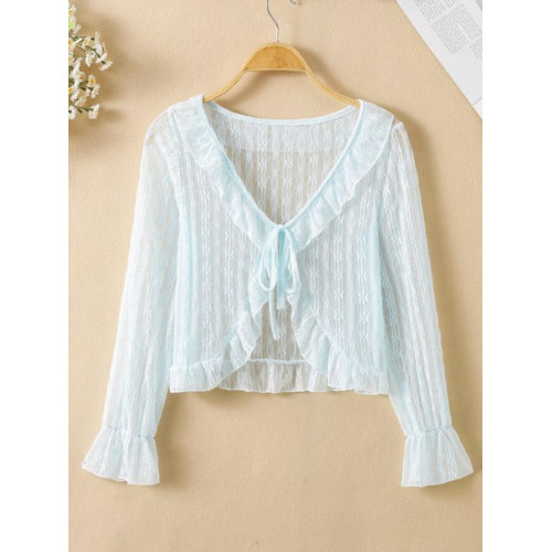 蕾絲開衫披肩女夏外搭配吊帶裙薄紗鏤空長袖綁帶防曬沙灘外搭上衣