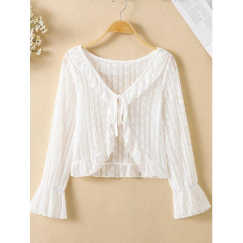 蕾絲開衫披肩女夏外搭配吊帶裙薄紗鏤空長袖綁帶防曬沙灘外搭上衣