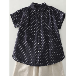 出口日單外單夏季棉麻波點短袖襯衫休閒顯瘦單排釦口袋上衣女